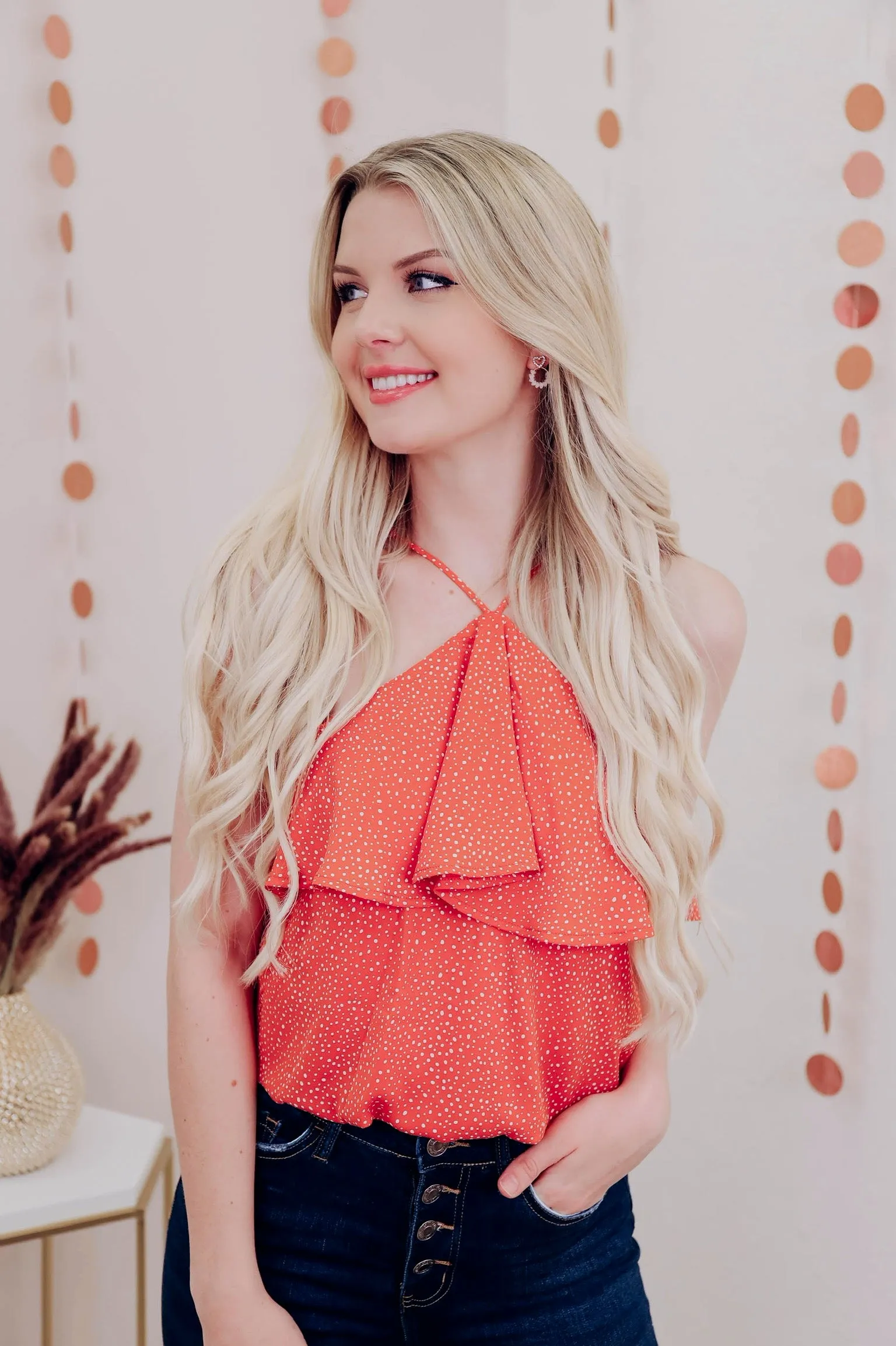 Polka Dot Cropped Blouse - Orange