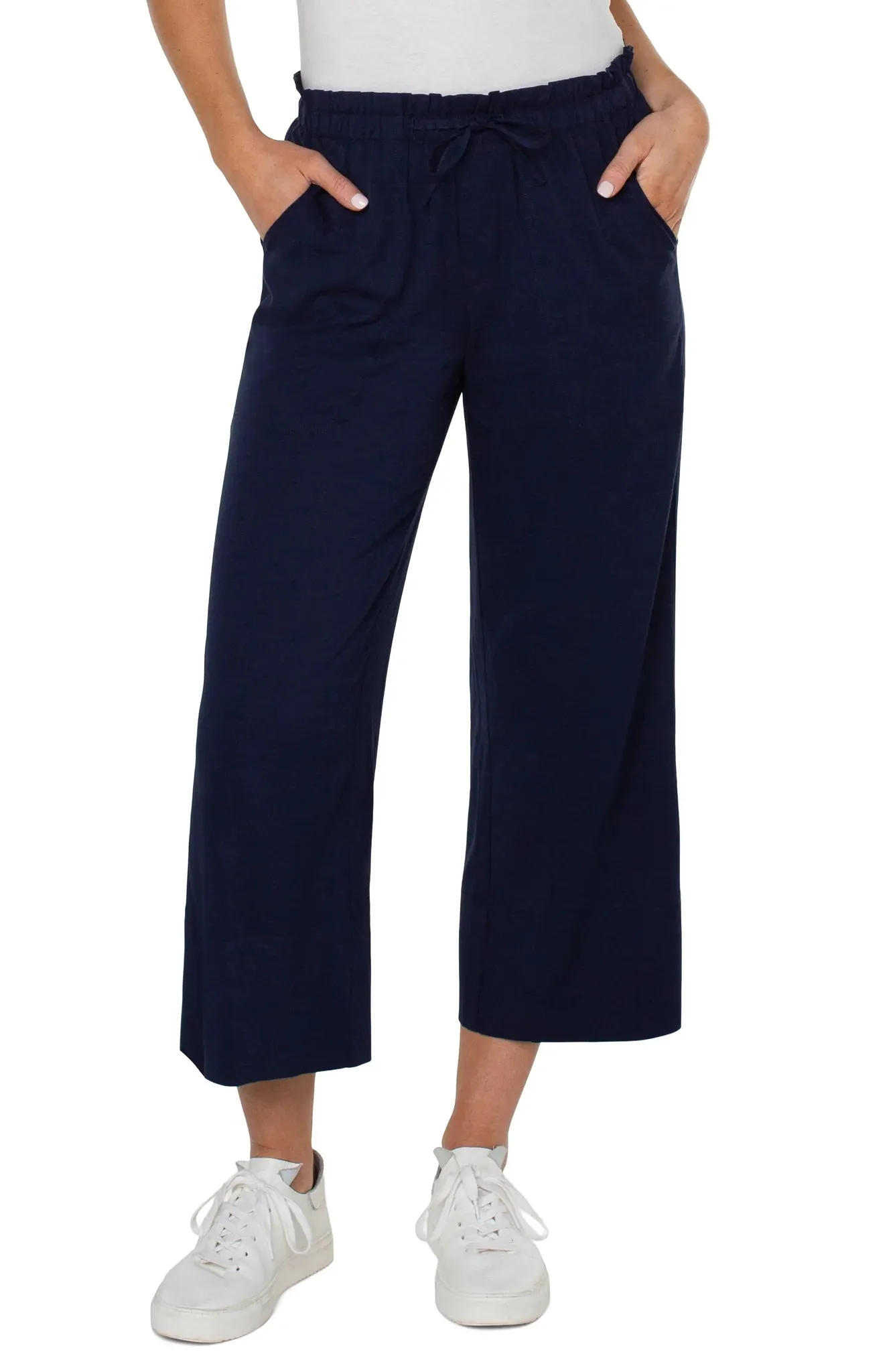 Pull-On Tie Waist Wide Leg Ankle Pants | Cosmic Navy