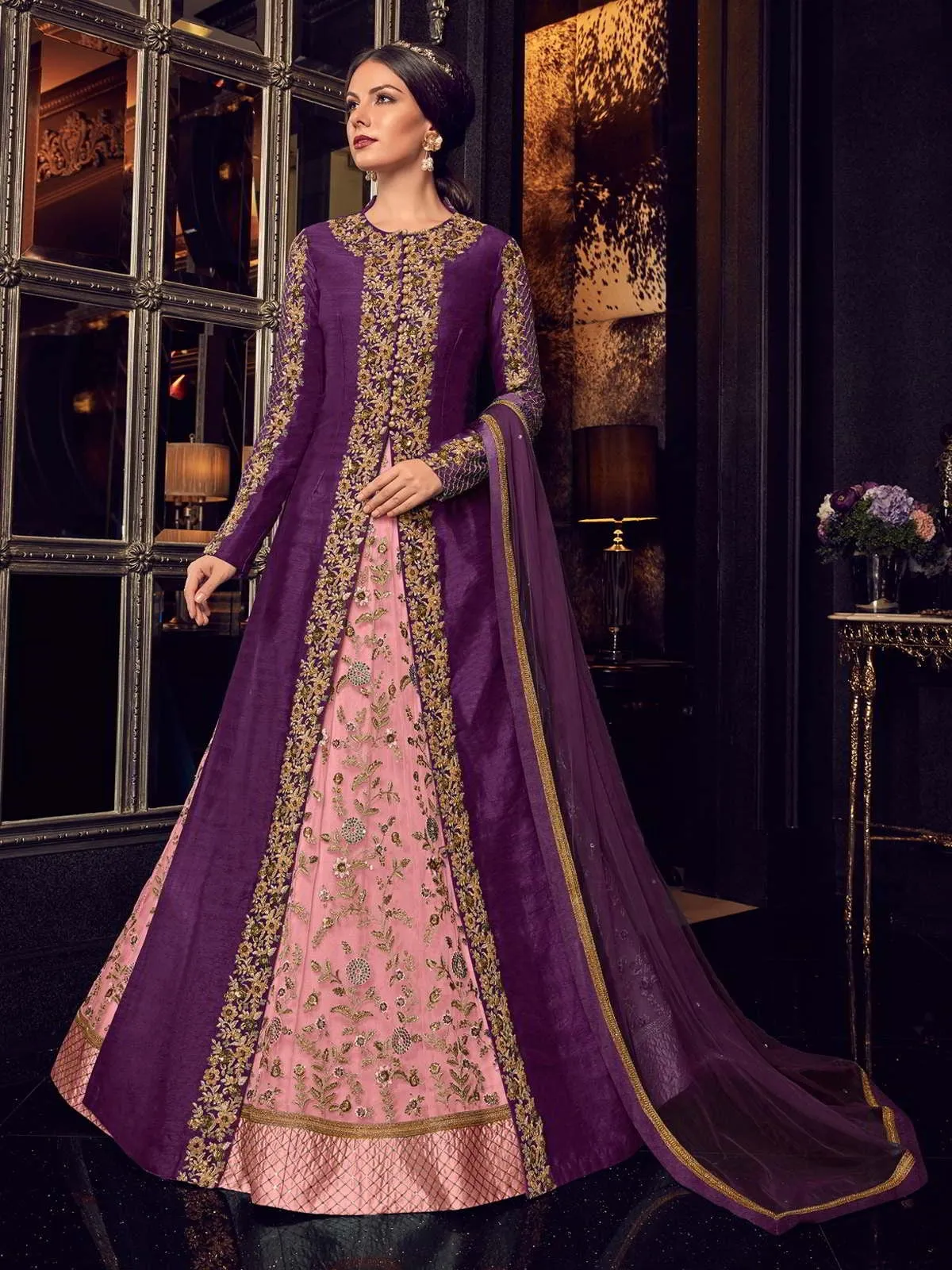 Purple And Pink Traditional Embroidered Anarkali Suit