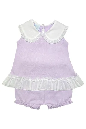 "Keke" Lilac Plumeti Dot Bow Knit Blouse & Shorts