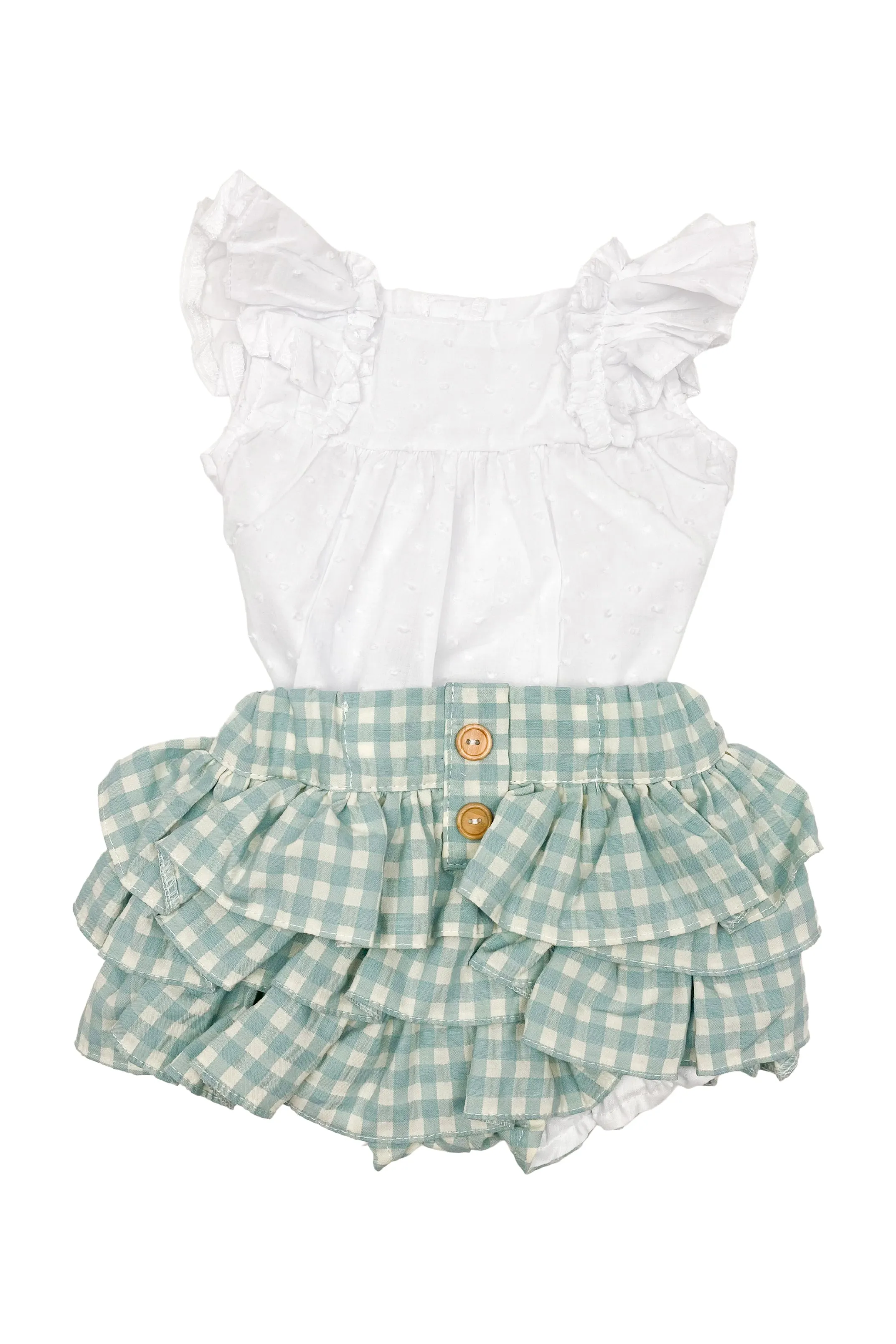 "Ottilie" Plumeti Dot Blouse & Sage Green Gingham Shorts