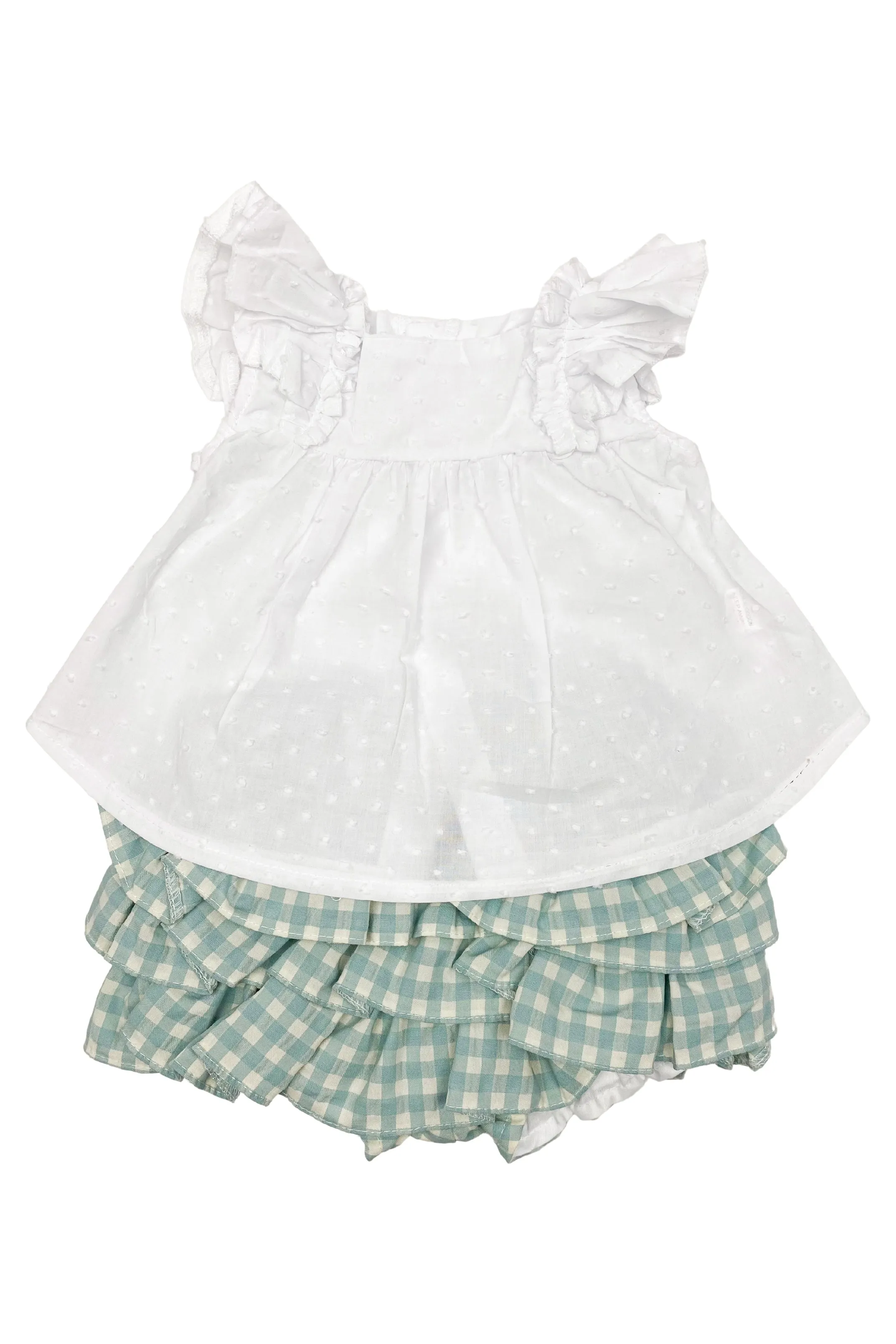 "Ottilie" Plumeti Dot Blouse & Sage Green Gingham Shorts