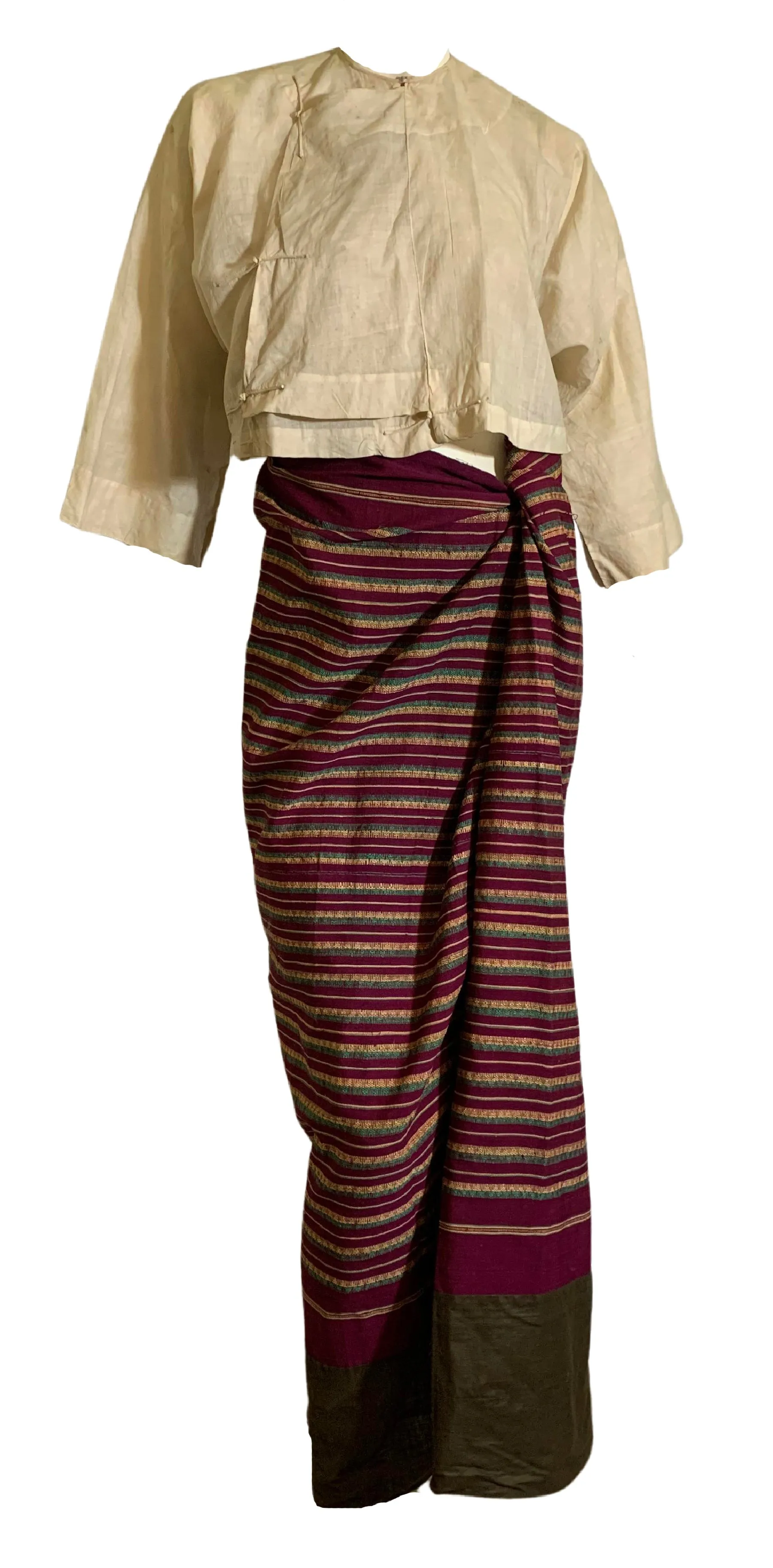 Rare Burmese Purple and Gold Striped Wool Bridal Skirt with 2 Bodices and Ornate Shoes circa 1890s