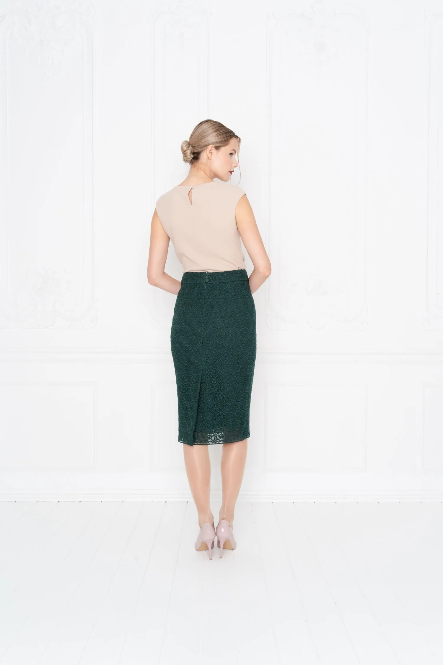 RUBIA DEEP GREEN LACE PENCIL SKIRT