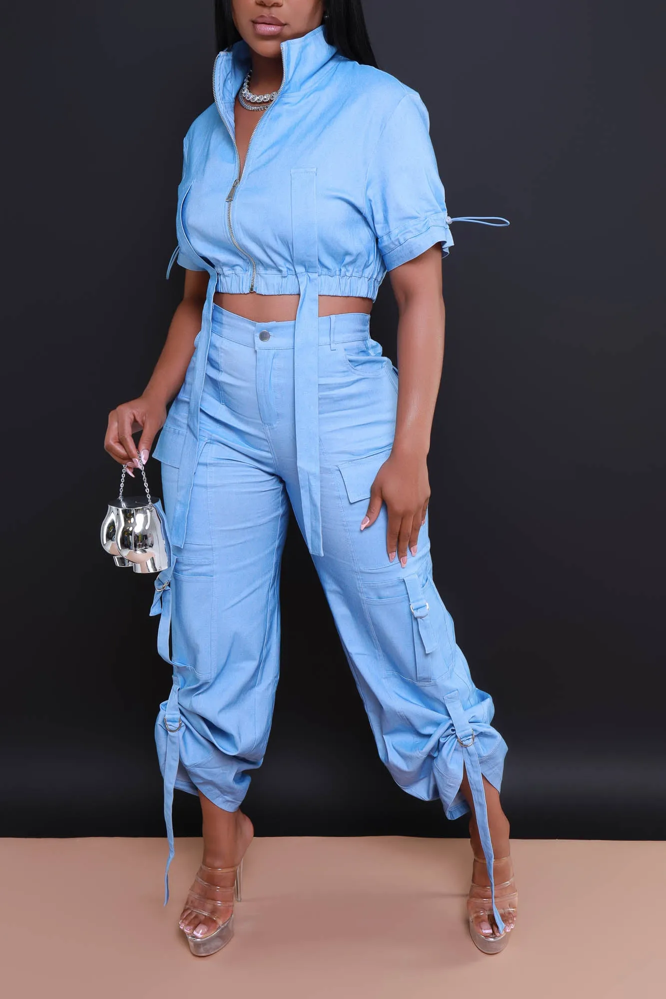 Runner Up Cropped Cargo Pants Set - Light Blue Denim