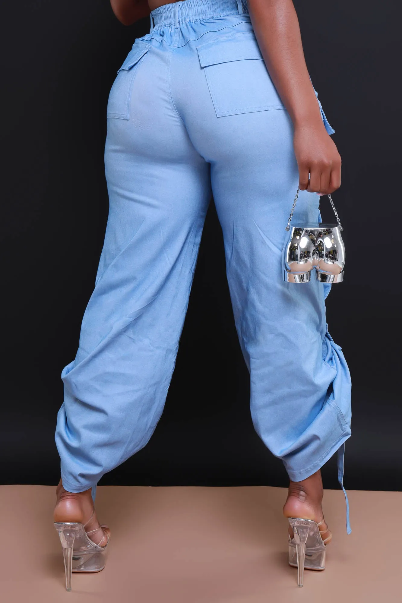 Runner Up Cropped Cargo Pants Set - Light Blue Denim