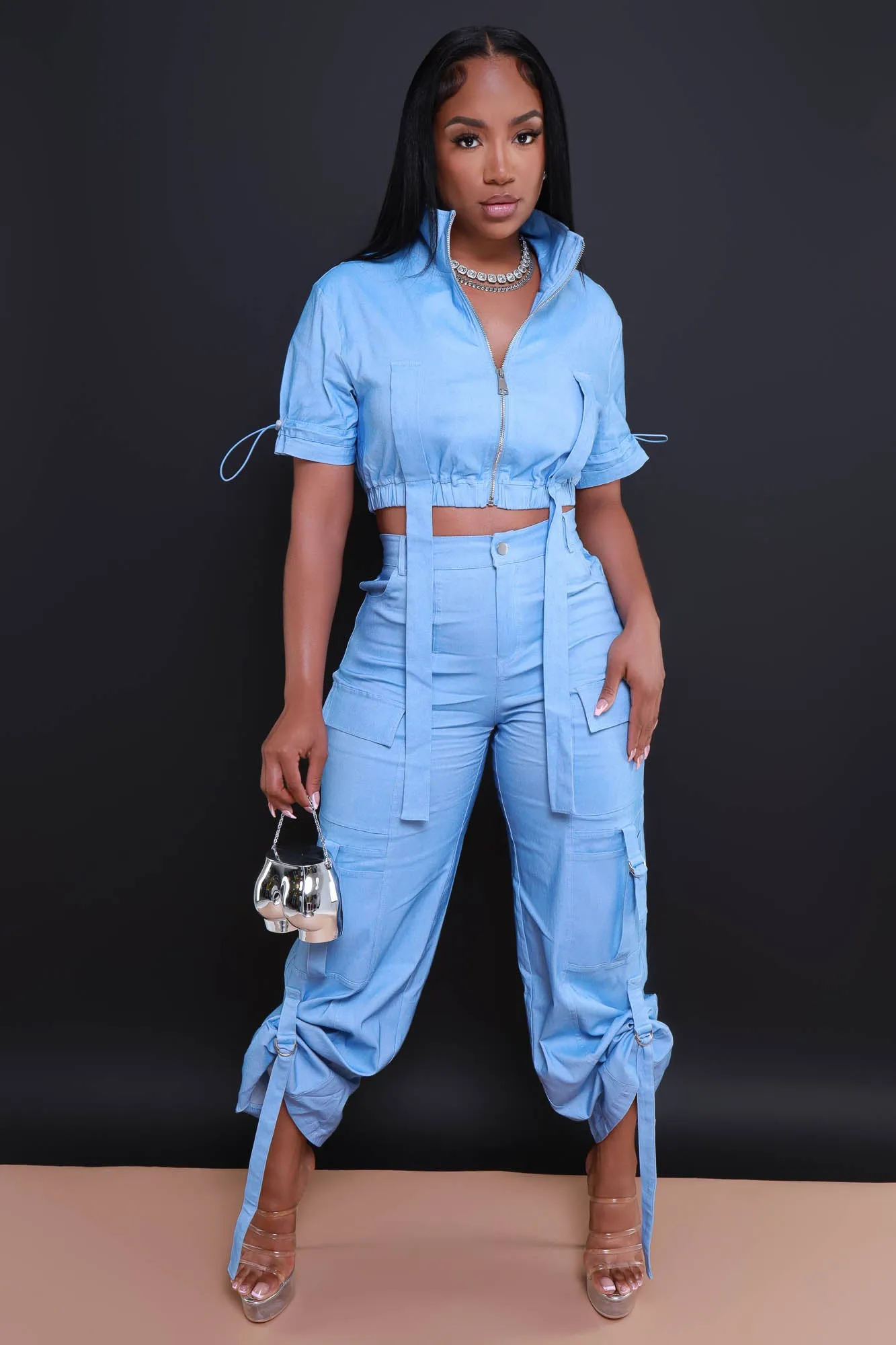 Runner Up Cropped Cargo Pants Set - Light Blue Denim