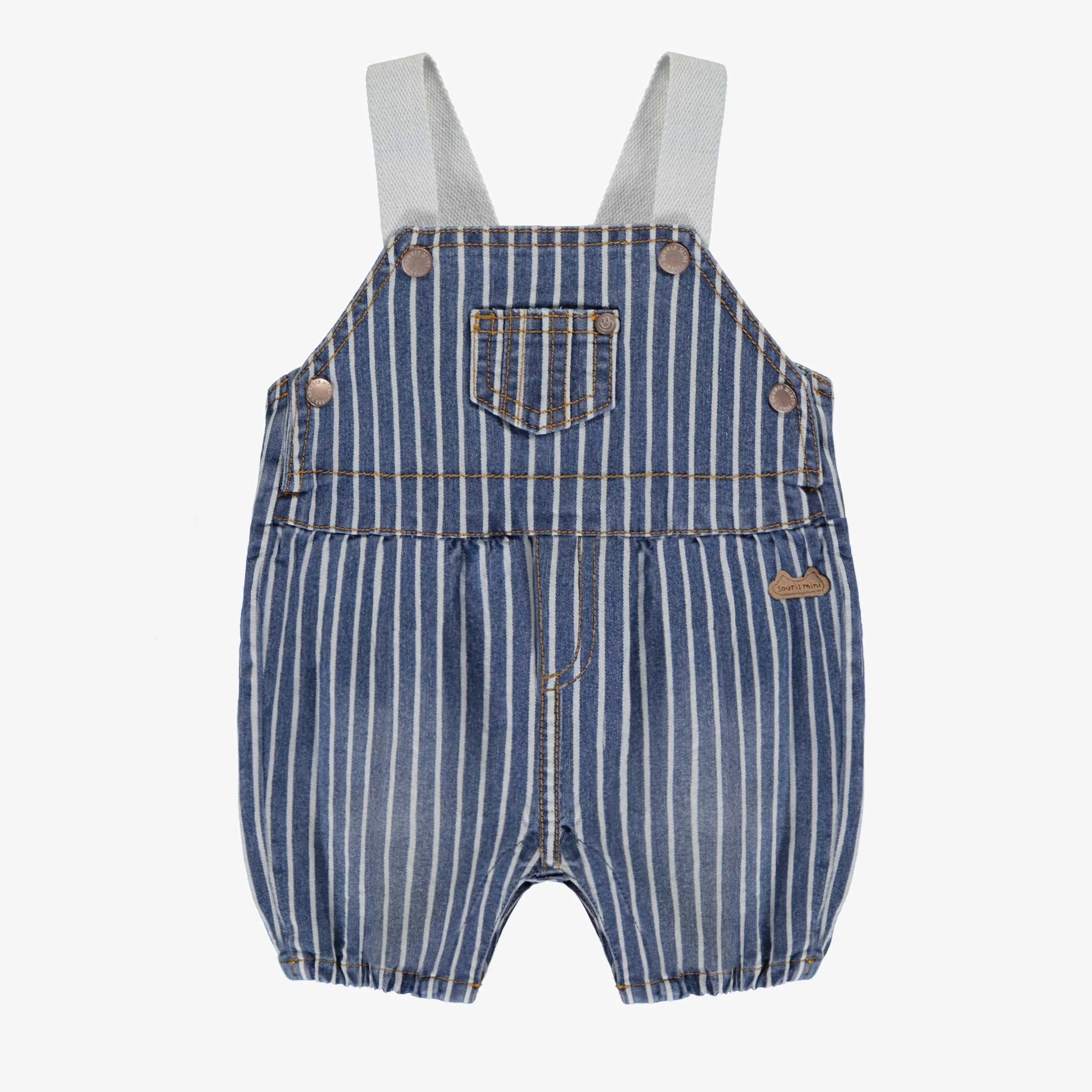 Salopette bleue et blanche en denim cheminot à rayures, naissance || Blue and white overalls in striped railroad denim, newborn