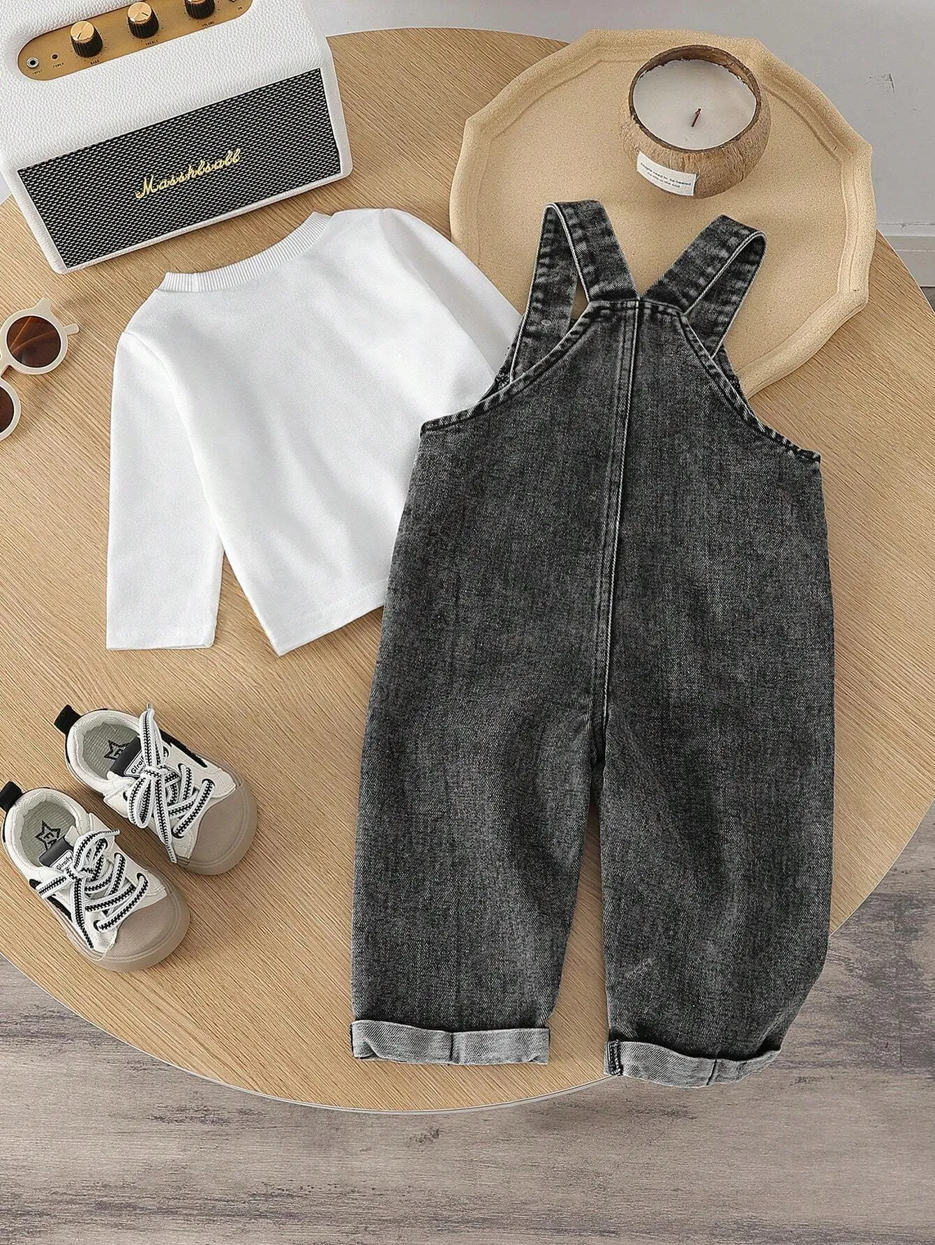 SHEIN Baby Boy Plain Crew Neck Long Sleeve Top And Overalls 2-Piece Outfit, Casual Clothes