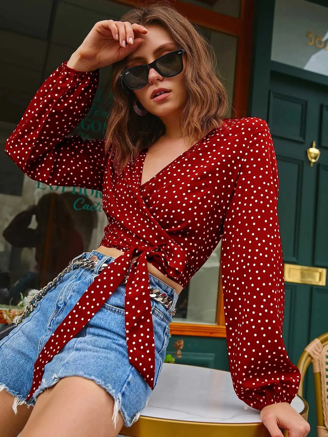 SHEIN Frenchy Polka Dot Surplice Cropped Wrap Top