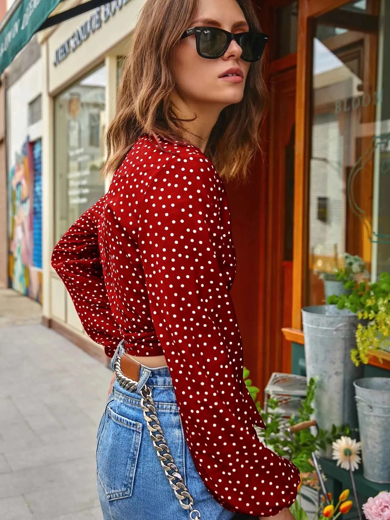 SHEIN Frenchy Polka Dot Surplice Cropped Wrap Top