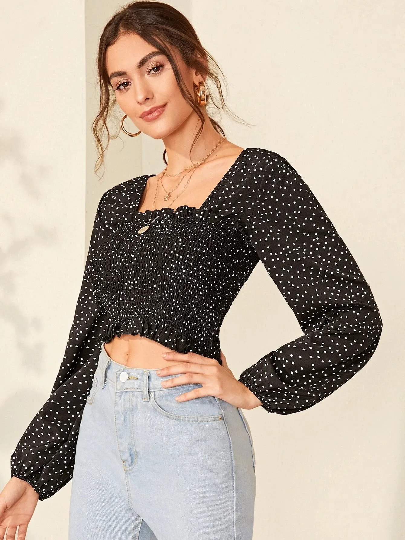 SHEIN Polka Dot Smocked Lettuce-Edge Crop Top