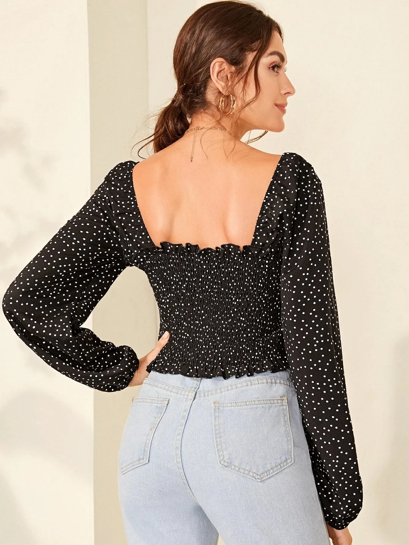 SHEIN Polka Dot Smocked Lettuce-Edge Crop Top