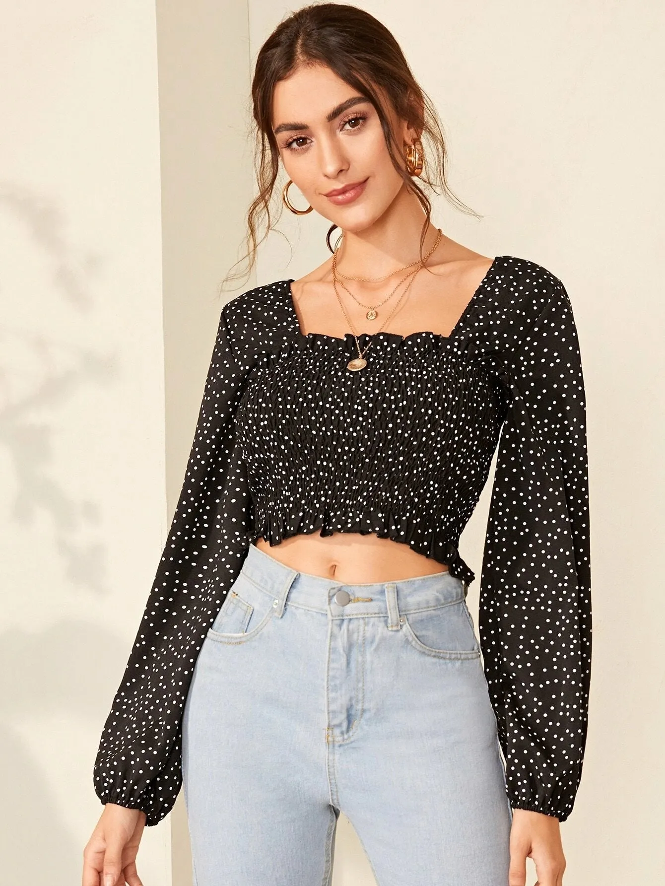 SHEIN Polka Dot Smocked Lettuce-Edge Crop Top