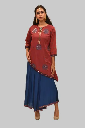 Silk Persian Red And Yale Blue Mirror Work Gown