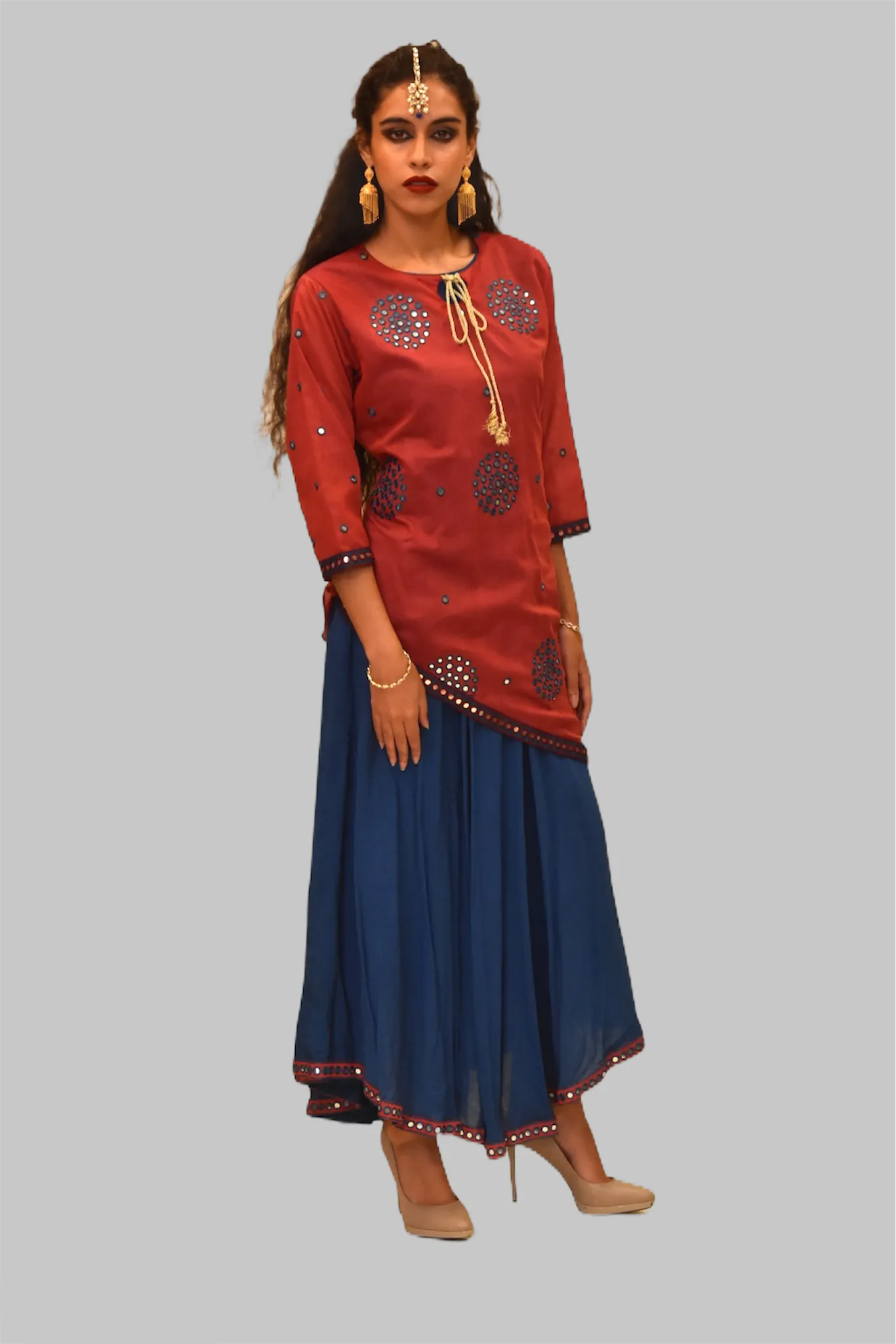 Silk Persian Red And Yale Blue Mirror Work Gown