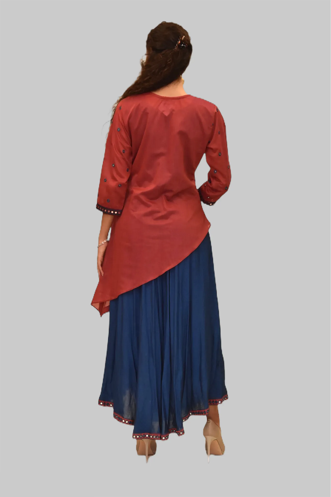 Silk Persian Red And Yale Blue Mirror Work Gown