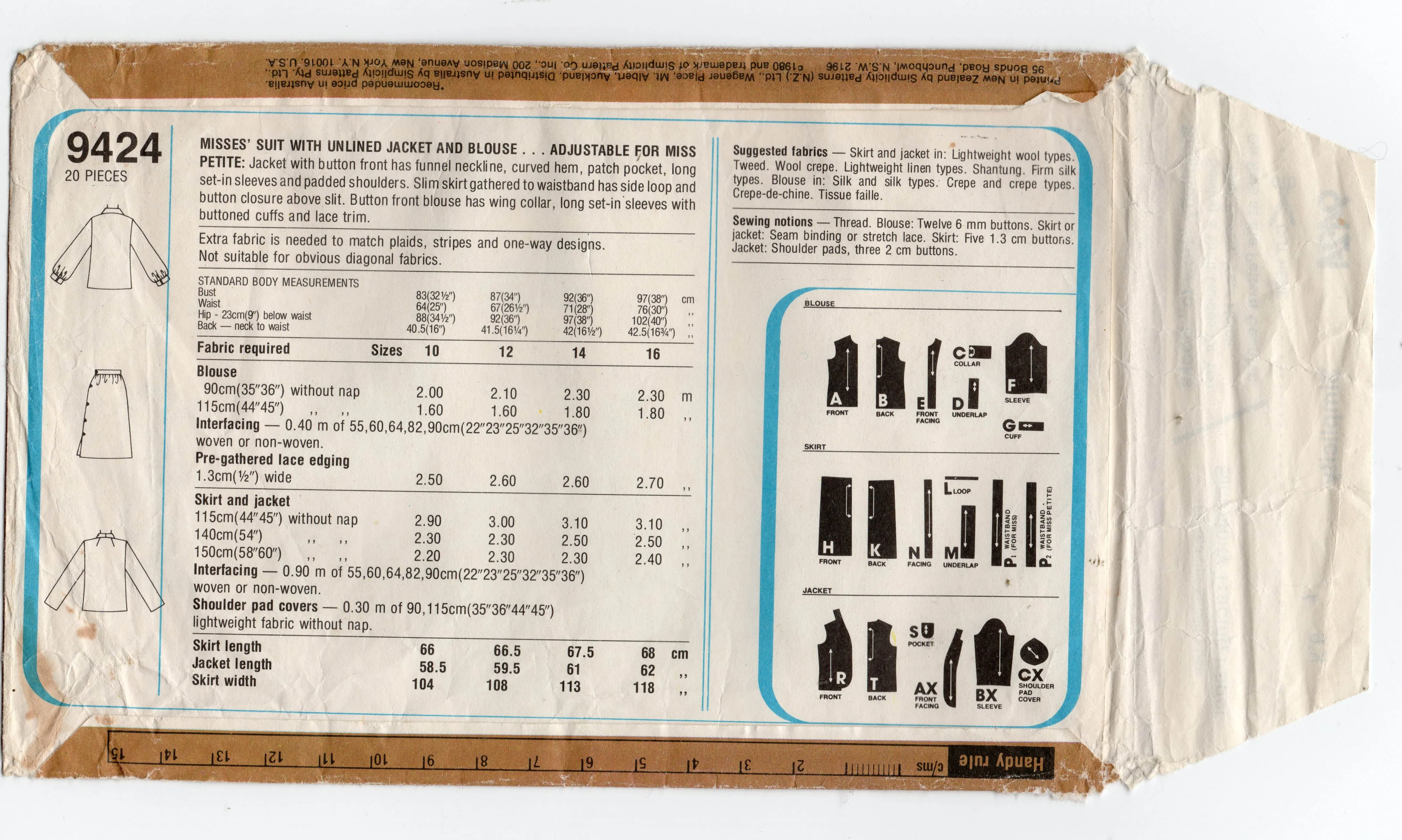 Simplicity 9424 Womens Skirt Suit with Blouse 1980s Vintage Sewing Pattern Size 14 Bust 36 inches