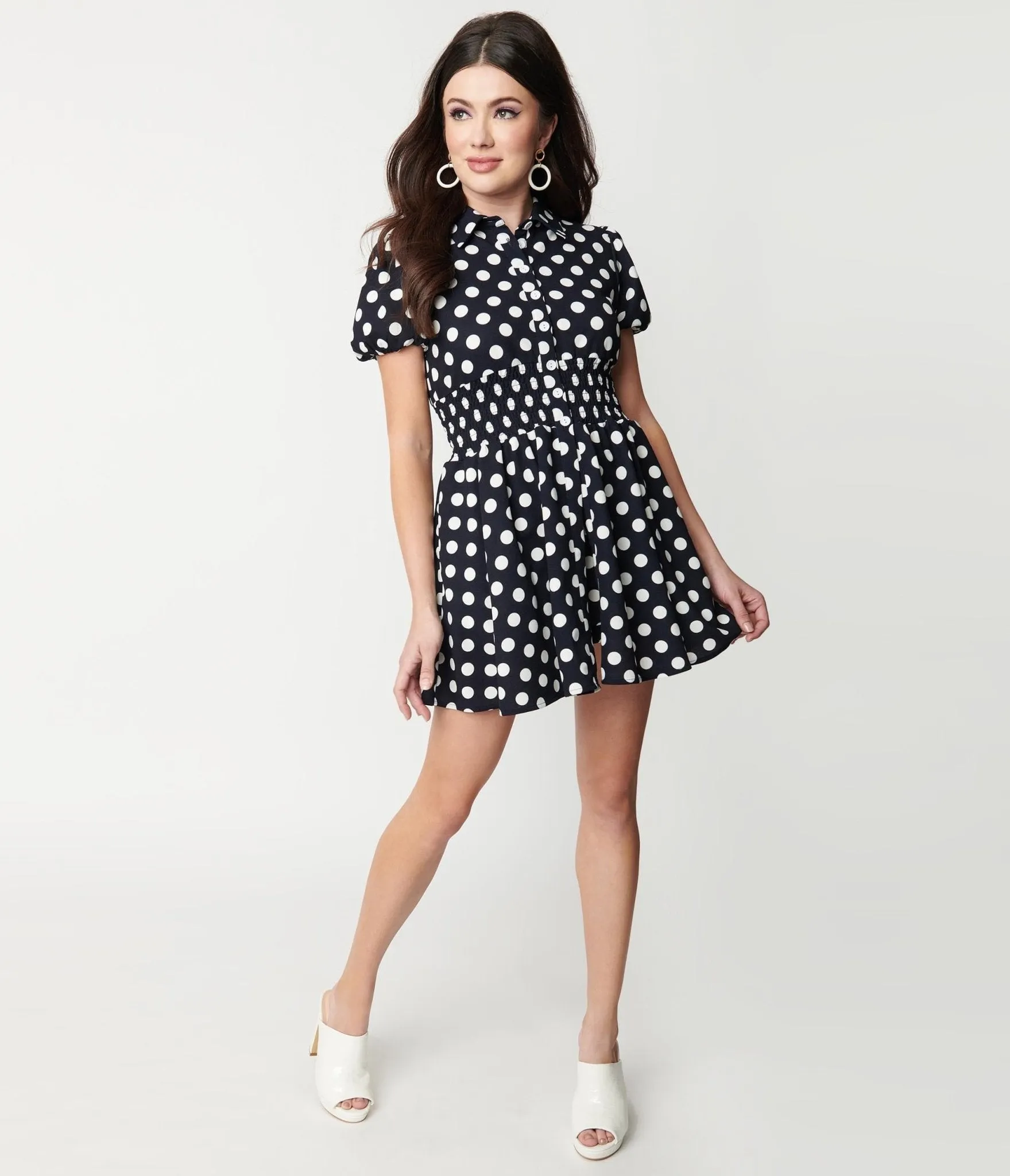 Smak Parlour Navy & White Dot Smocked Babydoll Blouse