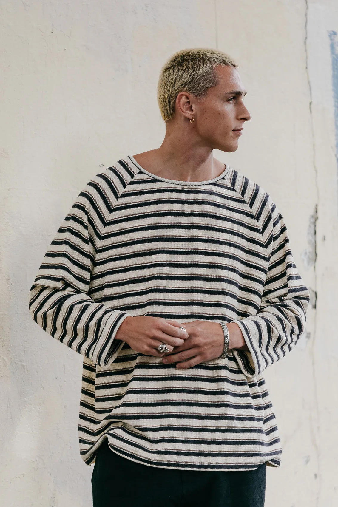 Striped Long Sleeve T-Shirt - Blue and Cream