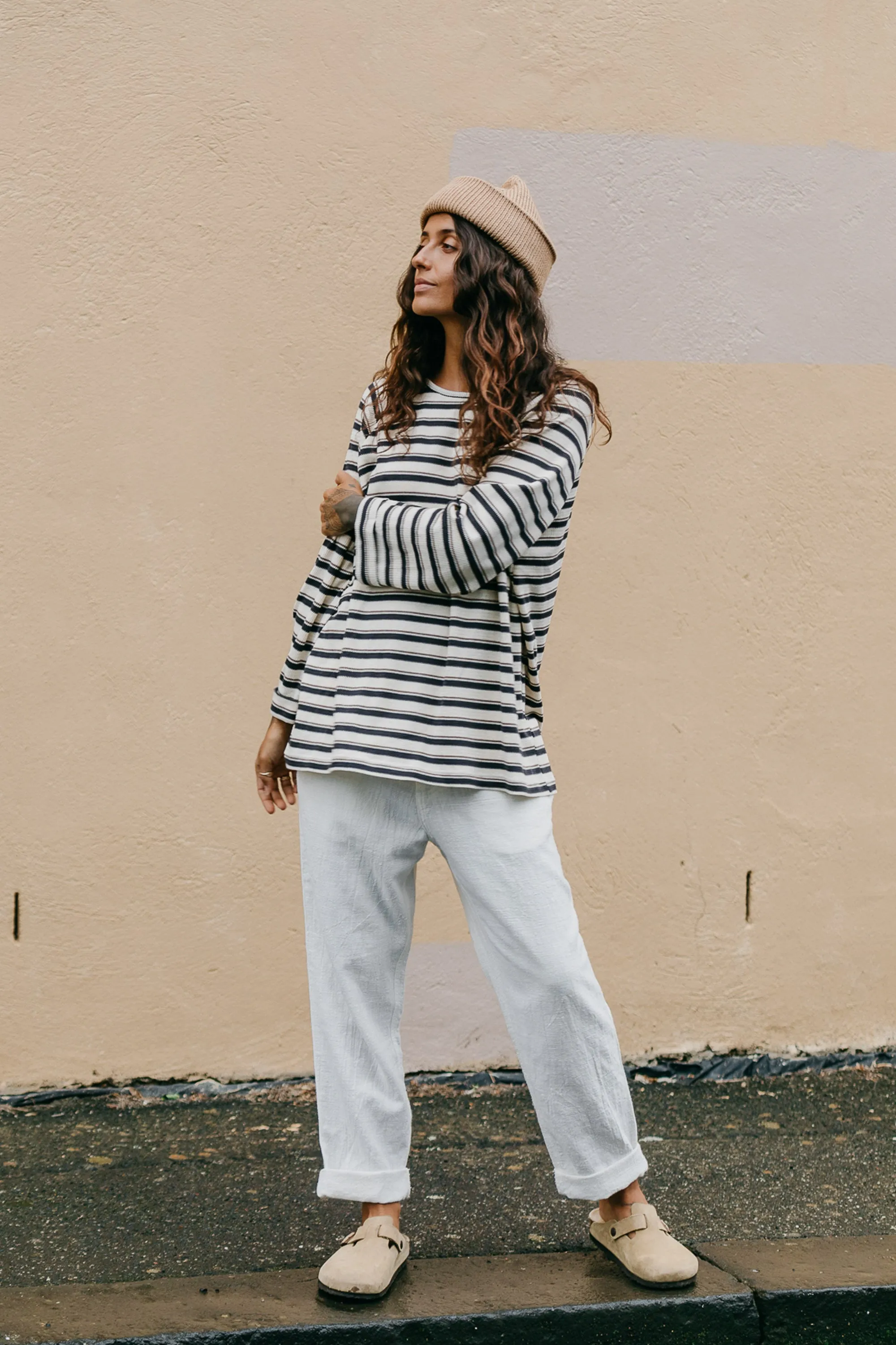 Striped Long Sleeve Unisex T-Shirt - Blue and Cream