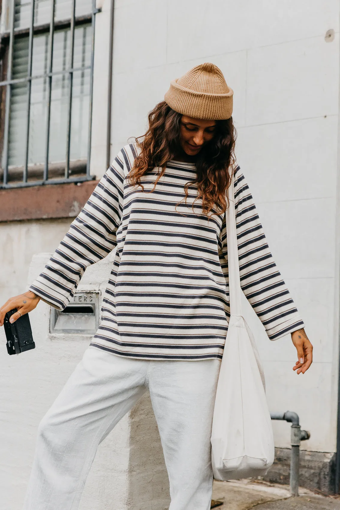 Striped Long Sleeve Unisex T-Shirt - Blue and Cream