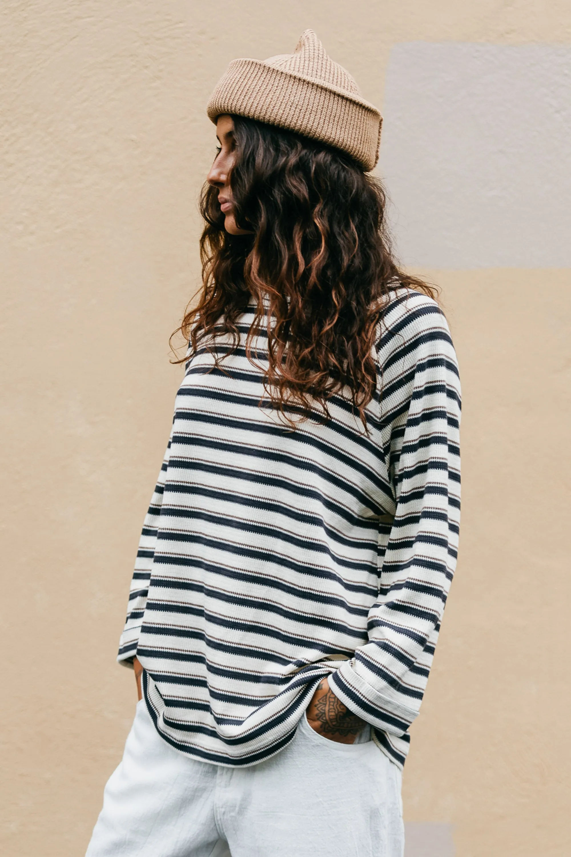 Striped Long Sleeve Unisex T-Shirt - Blue and Cream