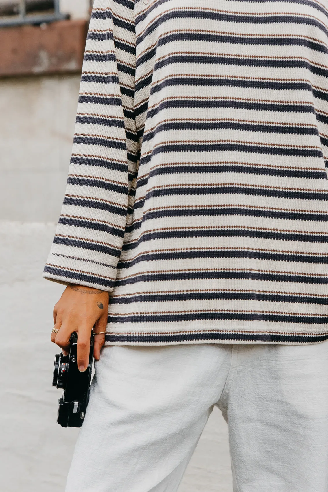 Striped Long Sleeve Unisex T-Shirt - Blue and Cream