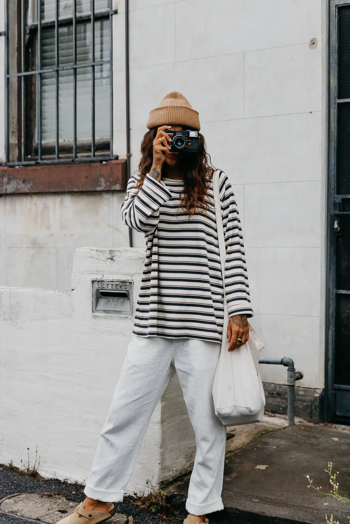 Striped Long Sleeve Unisex T-Shirt - Blue and Cream