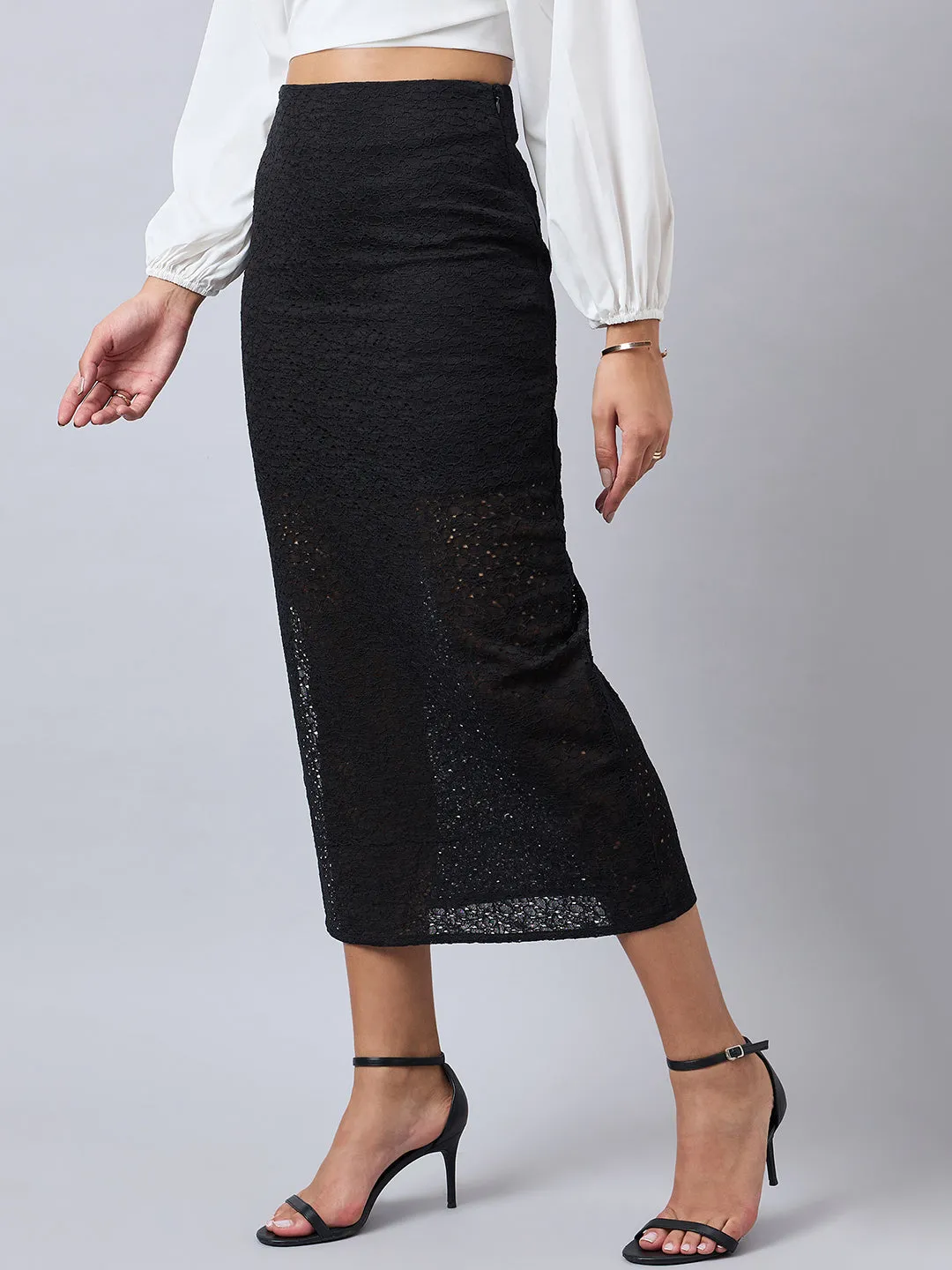 Style Quotient Women Self Design Black Cotton Lace Regular Fit Smart Casual Pencil Skirt