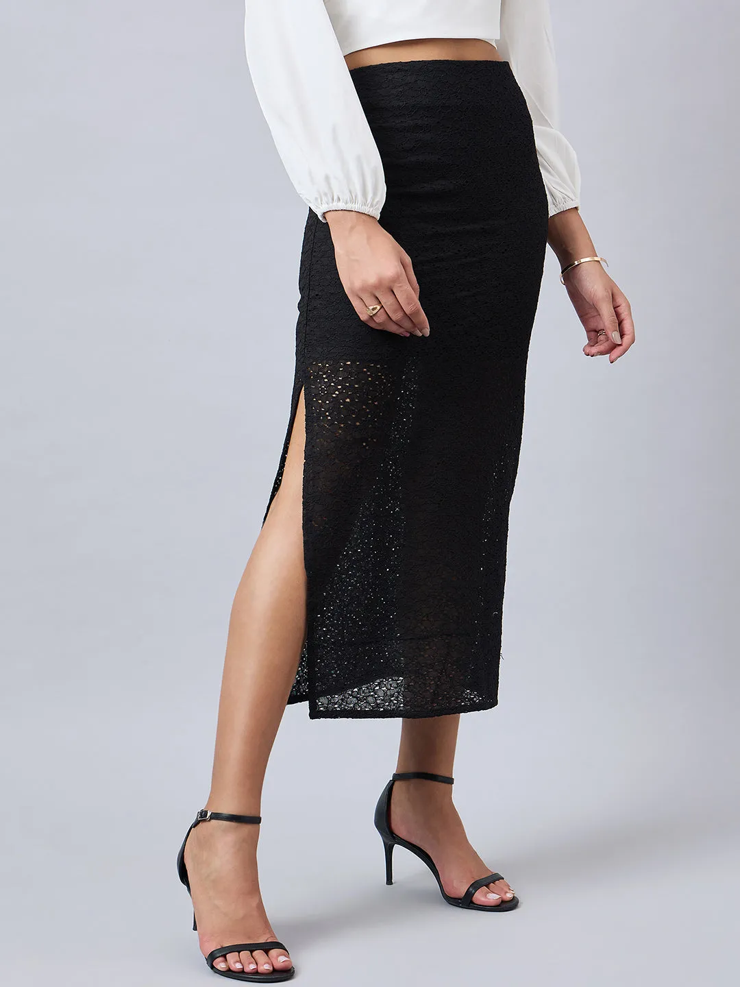 Style Quotient Women Self Design Black Cotton Lace Regular Fit Smart Casual Pencil Skirt