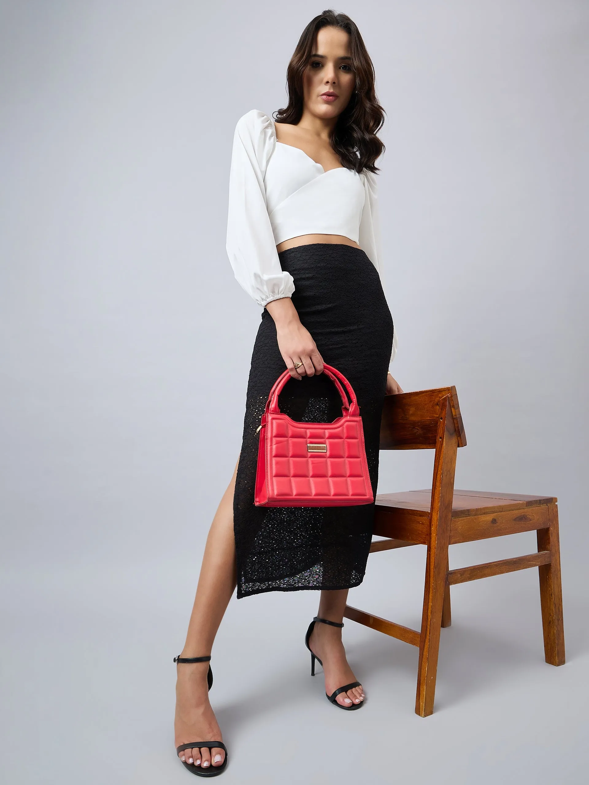 Style Quotient Women Self Design Black Cotton Lace Regular Fit Smart Casual Pencil Skirt