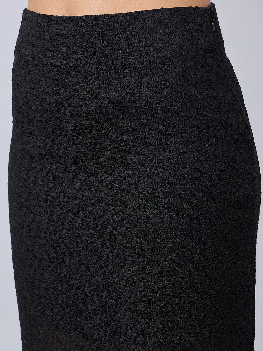 Style Quotient Women Self Design Black Cotton Lace Regular Fit Smart Casual Pencil Skirt