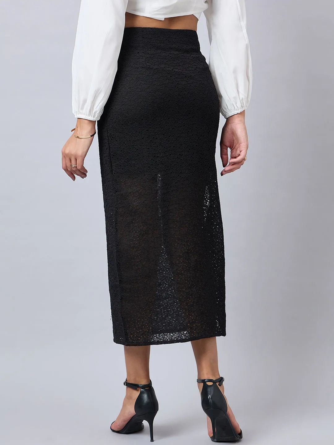 Style Quotient Women Self Design Black Cotton Lace Regular Fit Smart Casual Pencil Skirt