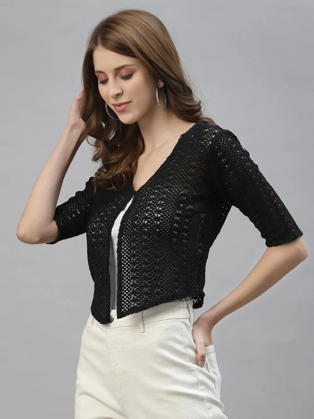 Style Quotient Women Self design black cotton lace regular smart casual shrug