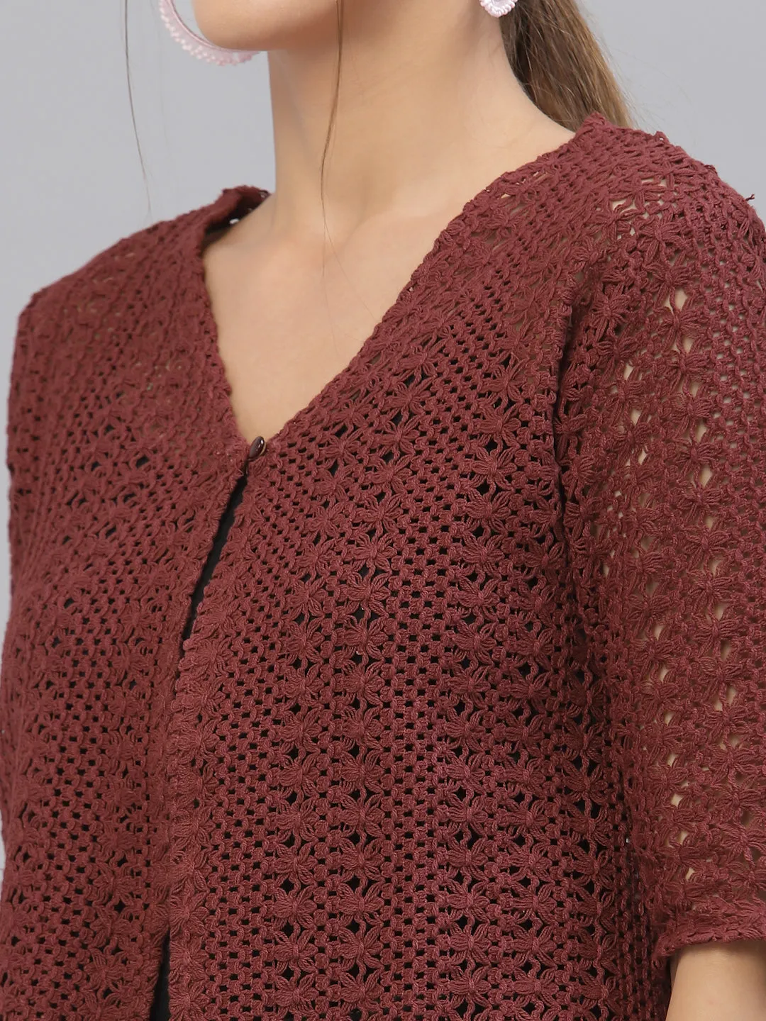 Style Quotient Women Self design maroon cotton lace regular smart casual shrug