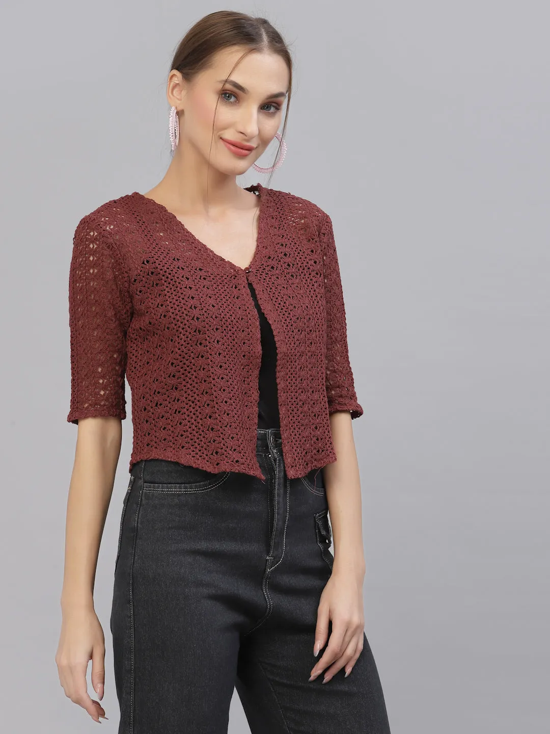 Style Quotient Women Self design maroon cotton lace regular smart casual shrug