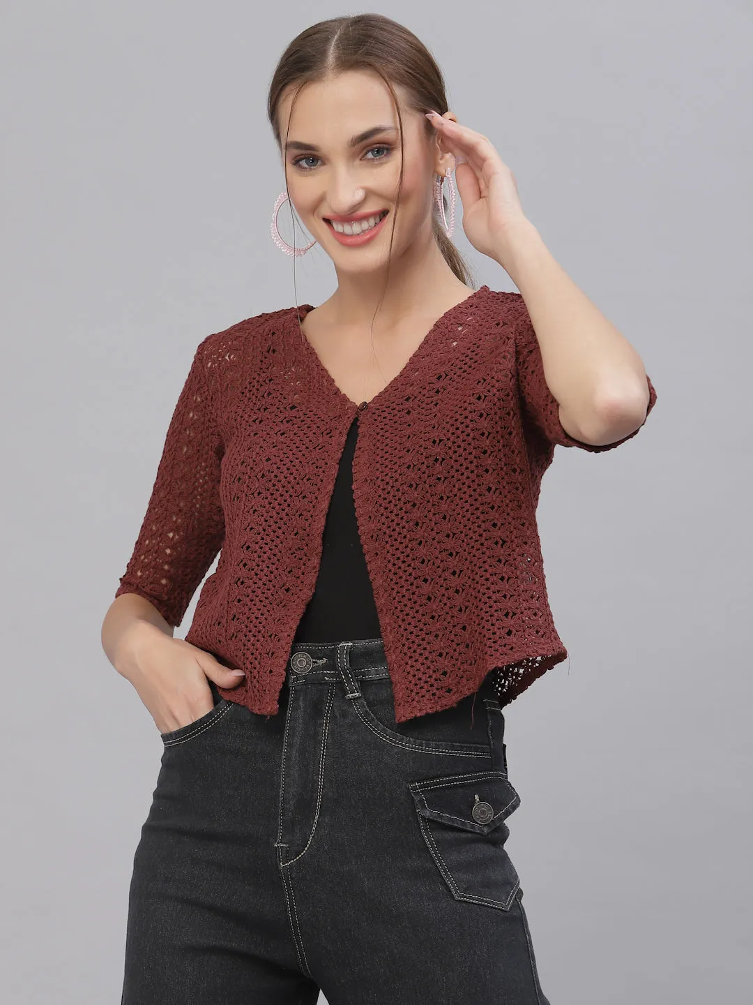 Style Quotient Women Self design maroon cotton lace regular smart casual shrug