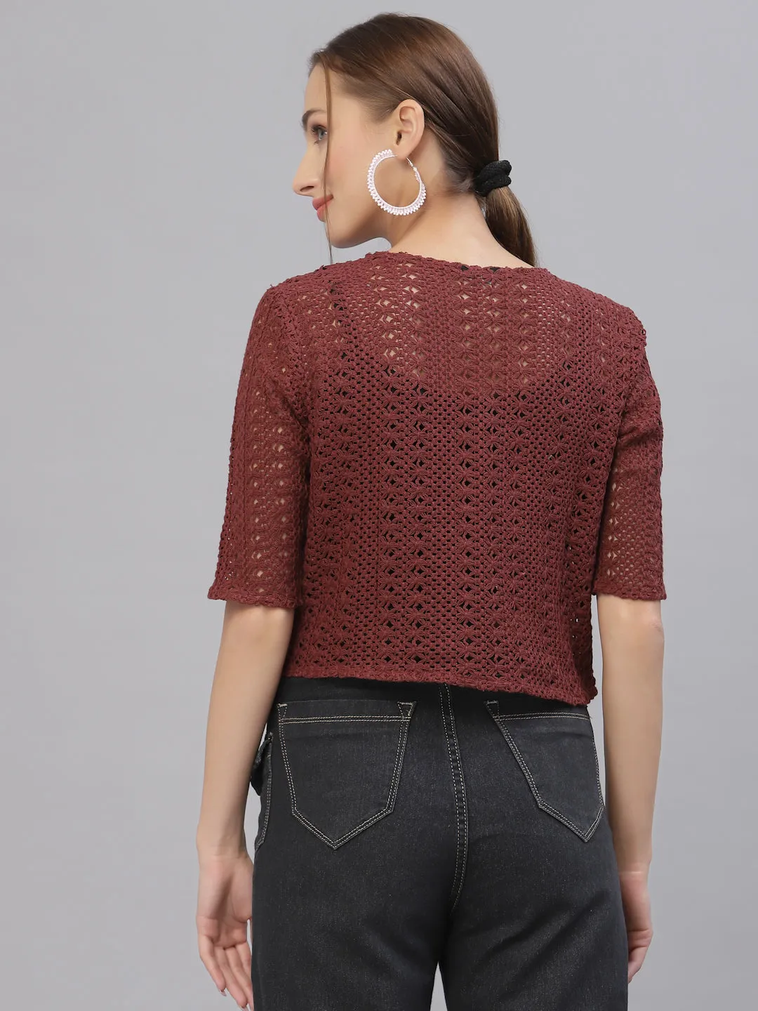 Style Quotient Women Self design maroon cotton lace regular smart casual shrug