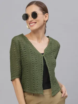 Style Quotient Women Self design olive cotton lace regular smart casual shrug