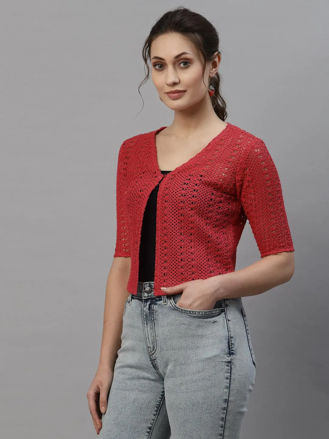 Style Quotient Women Self design Red cotton lace regular smart casual shrug