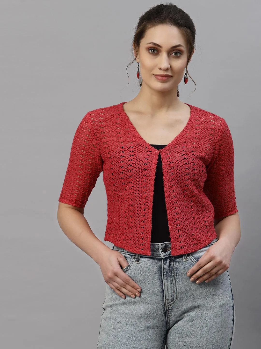 Style Quotient Women Self design Red cotton lace regular smart casual shrug