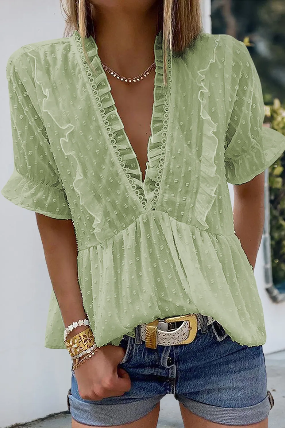 Swiss Dot Deep V Neck Layered Frill Blouse