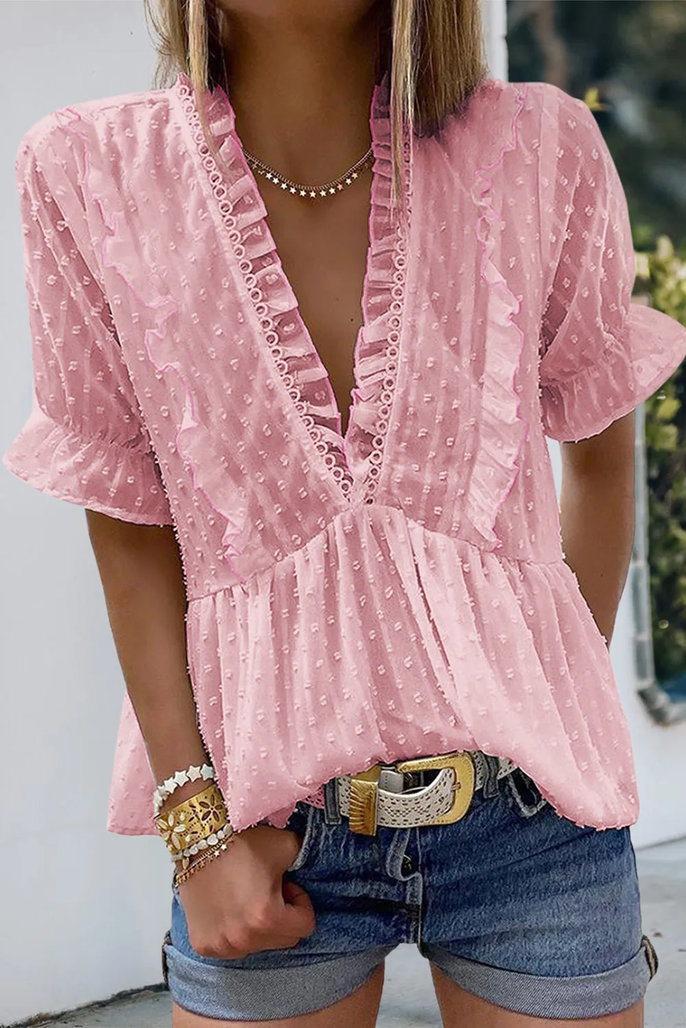 Swiss Dot Deep V Neck Layered Frill Blouse