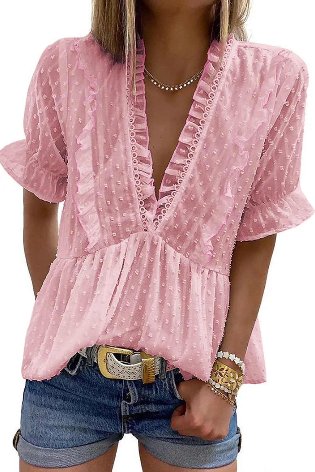 Swiss Dot Deep V Neck Layered Frill Blouse