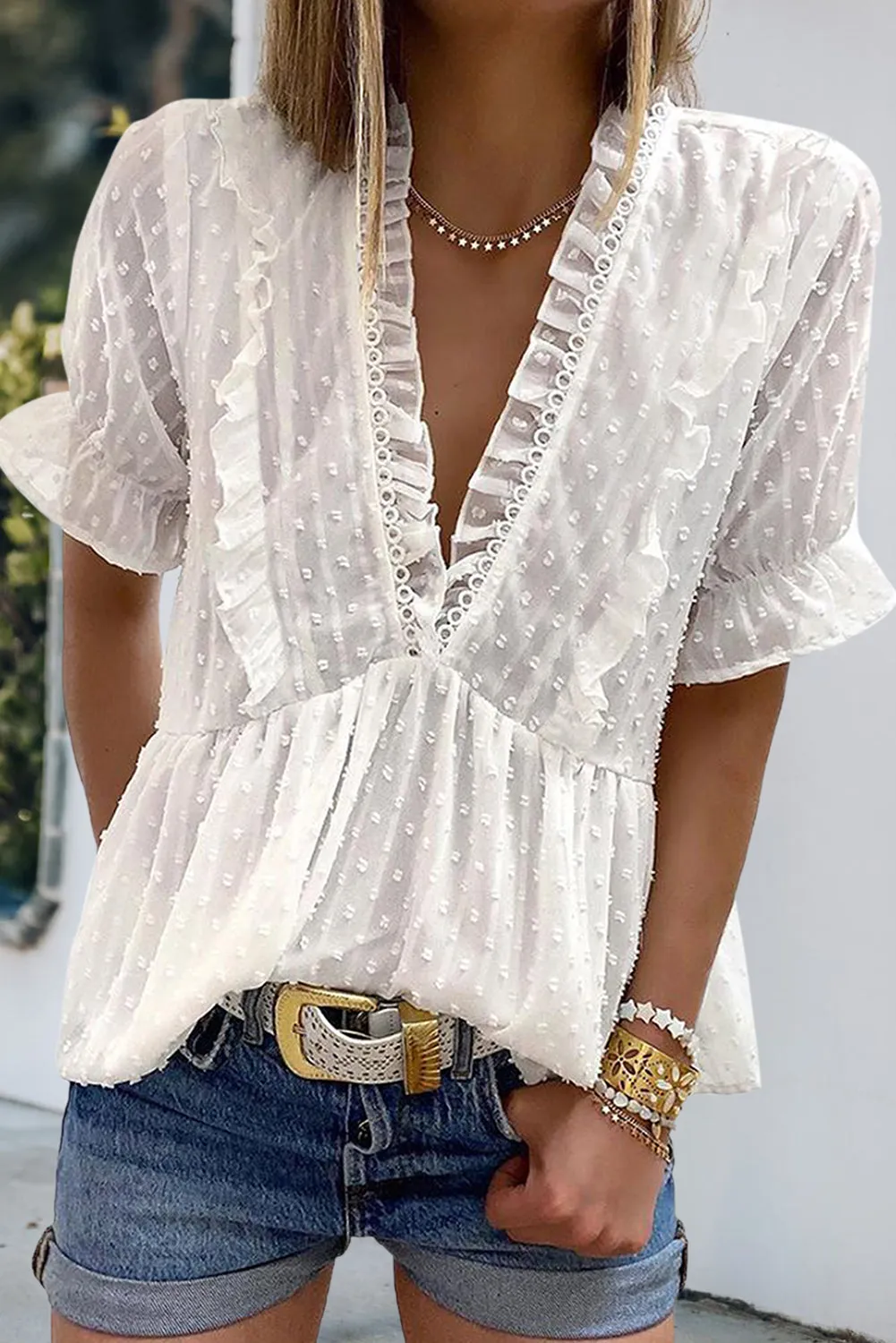 Swiss Dot Deep V Neck Layered Frill Blouse