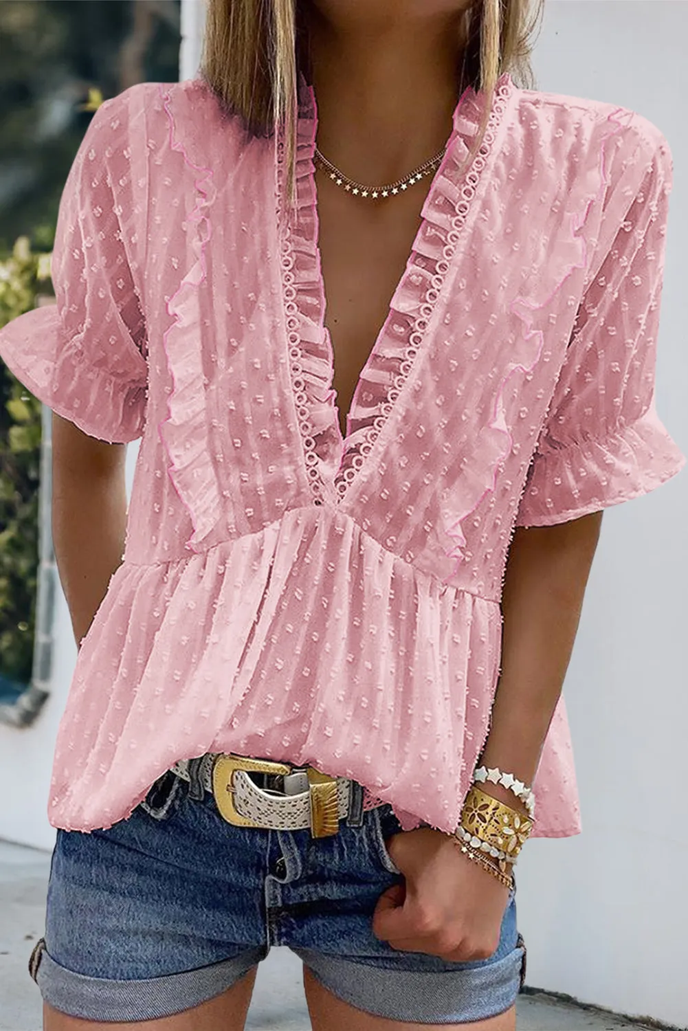 Swiss Dot Deep V Neck Layered Frill Blouse