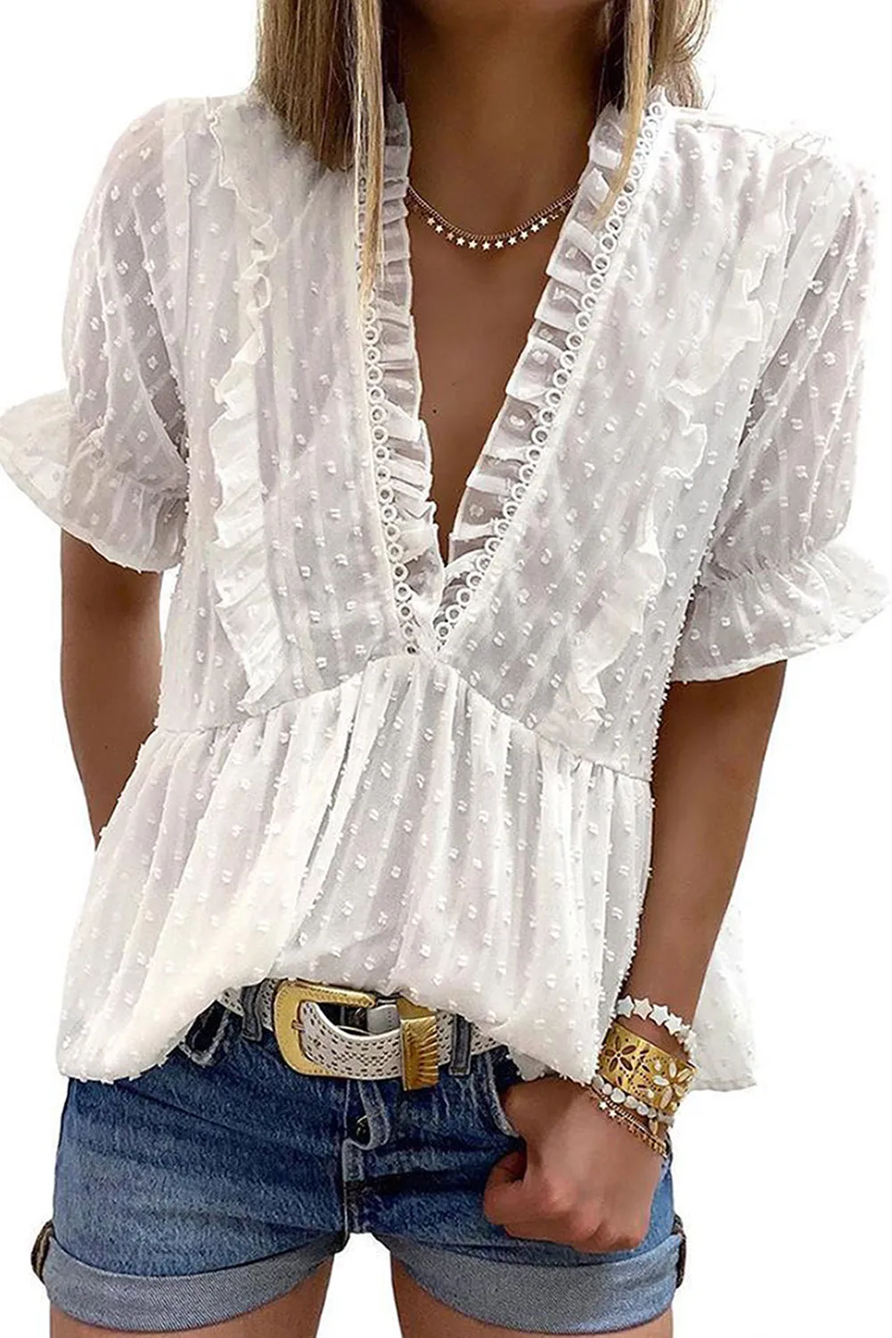 Swiss Dot Deep V Neck Layered Frill Blouse