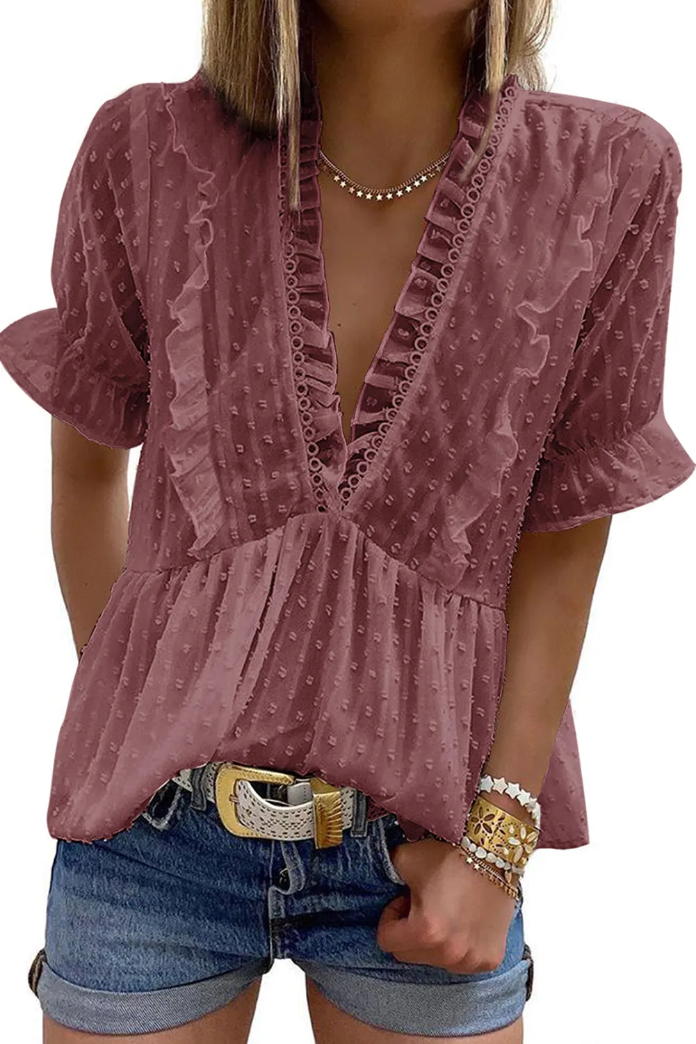 Swiss Dot Deep V Neck Layered Frill Blouse