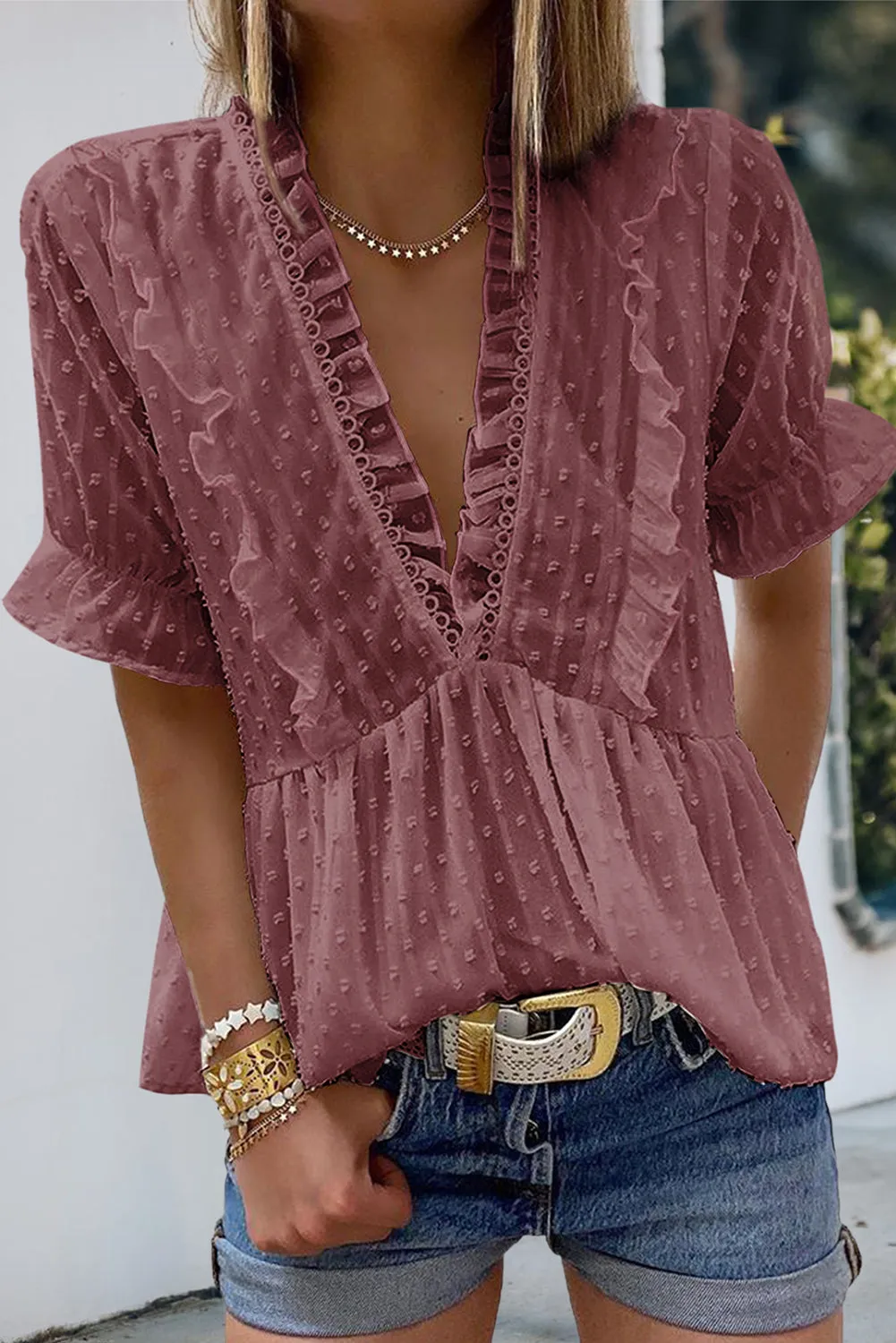 Swiss Dot Deep V Neck Layered Frill Blouse